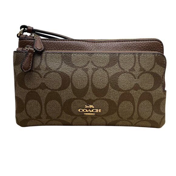 Coach Women’s Brown Signature Coated Canvas Double Zip Wristlet Clutch Size S - Picture 1 of 10